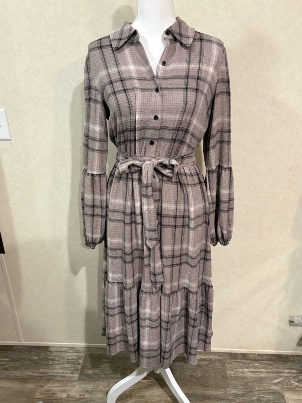 Cato Mauve Plaid Button-Front Tie-Waist Midi Dress